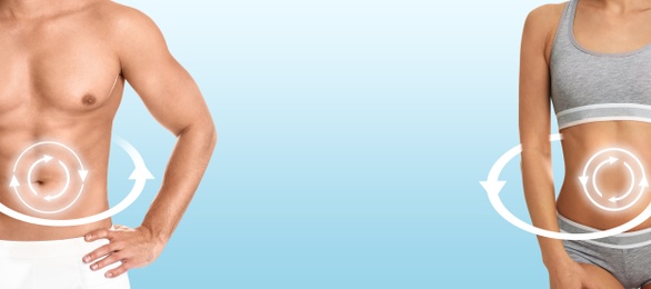 Image of Metabolism concept. Man and woman with perfect bodies on light blue background, banner design