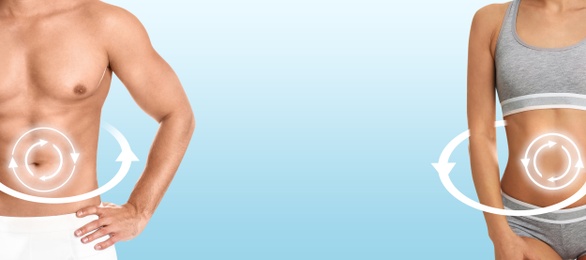 Metabolism concept. Man and woman with perfect bodies on light blue background, banner design