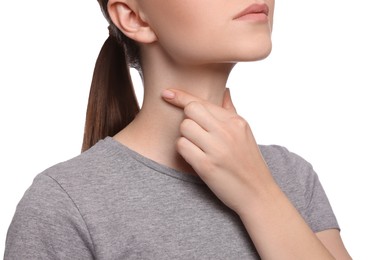Photo of Woman with sore throat on white background, closeup