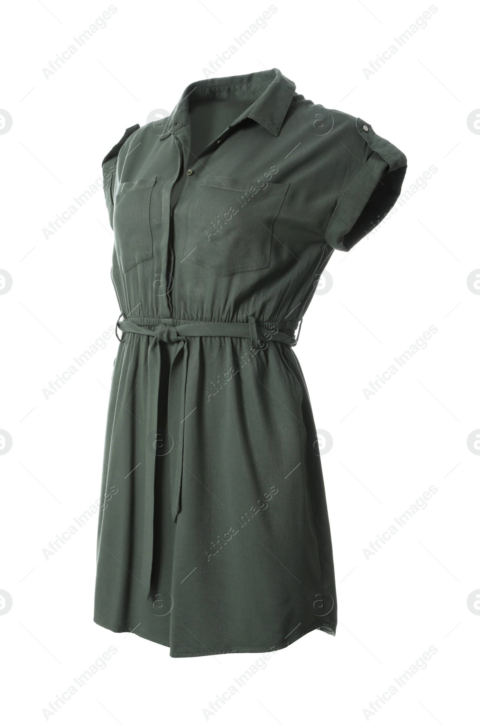 Photo of Stylish grey shirt dress on white background