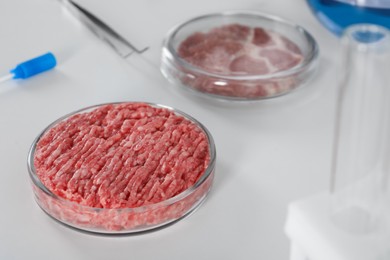 Photo of Petri dish with raw minced cultured meat on white table, space for text