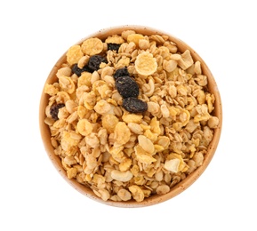 Photo of Bowl with muesli and raisins on white background. Healthy grains and cereals