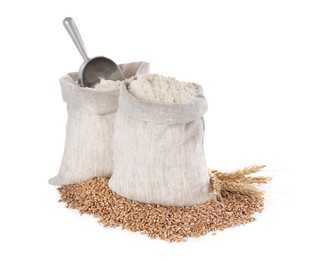 Photo of Sack with flour, wheat grains and spikes on white background