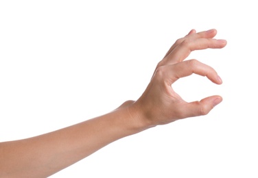 Woman holding something in hand on white background, closeup