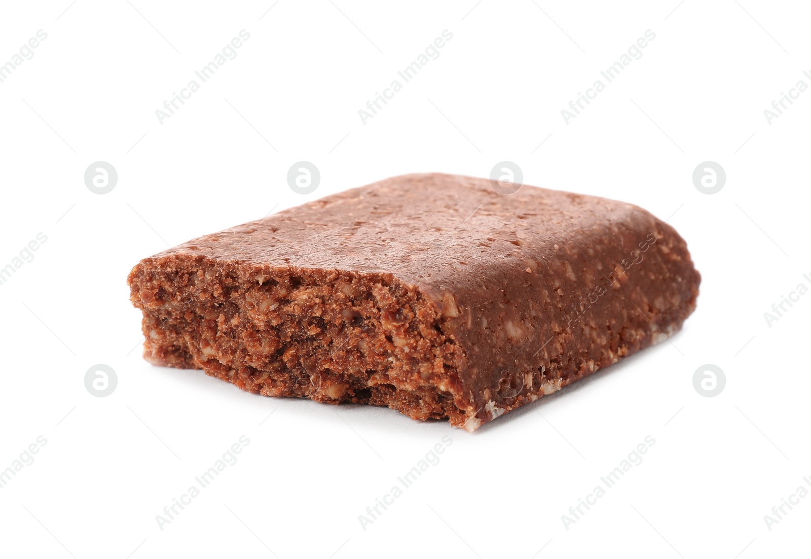 Photo of Piece of tasty protein bar on white background