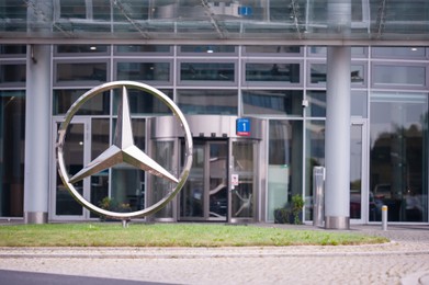 Warsaw, Poland - September 10, 2022: Beautiful modern Mercedes logo outdoors