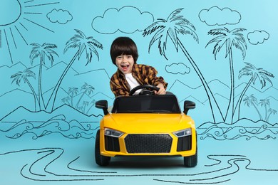 Image of Cute little boy driving toy car and drawing of tropical resort on light blue background