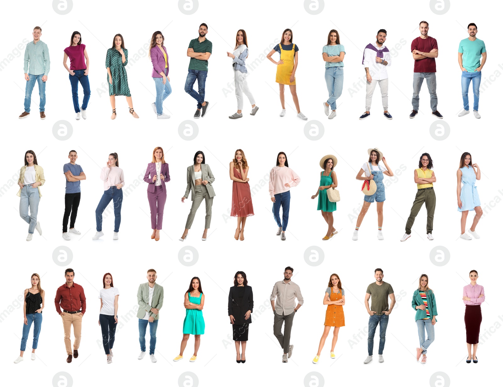 Image of Collage with full length portraits of men and women on white background