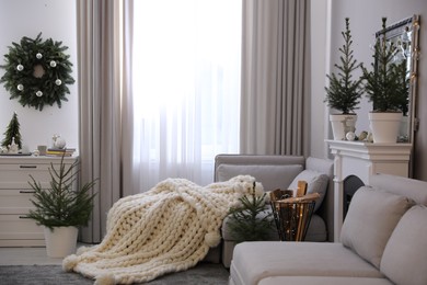 Stylish living room interior with little fir trees and Christmas decorations