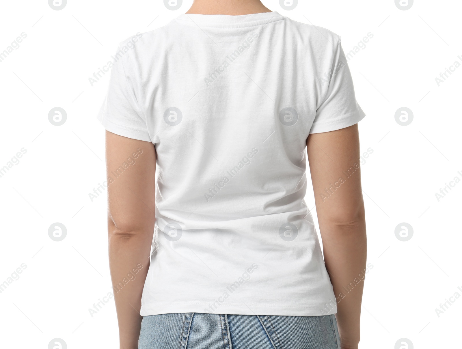 Photo of Woman in t-shirt on white background, closeup. Space for design