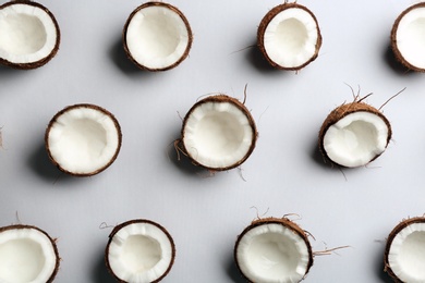 Photo of Coconut pattern on white background, top view