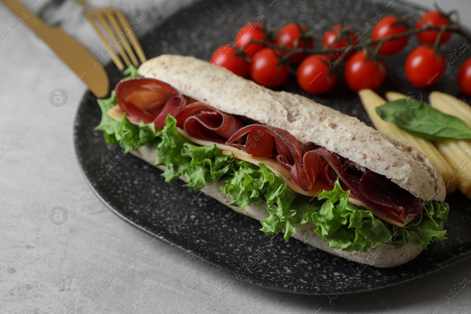 Photo of Delicious sandwich with bresaola served on light grey table, closeup