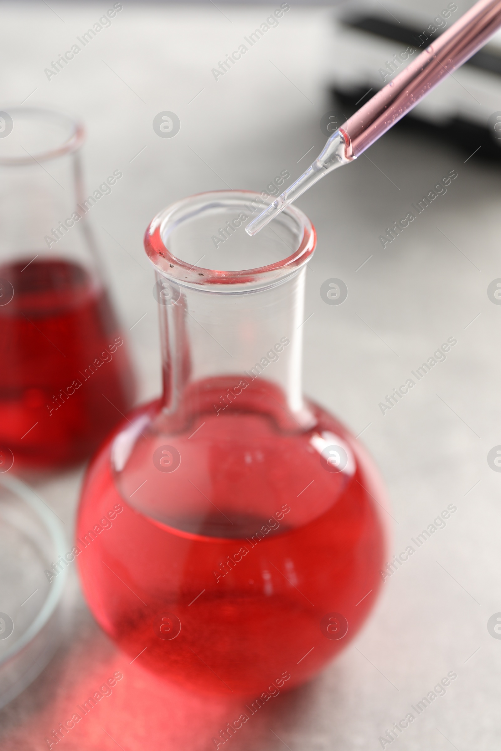 Photo of Laboratory analysis. Dripping red liquid into flask at light grey table, closeup