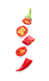 Photo of Slices of red chili pepper on white background, top view with space for text