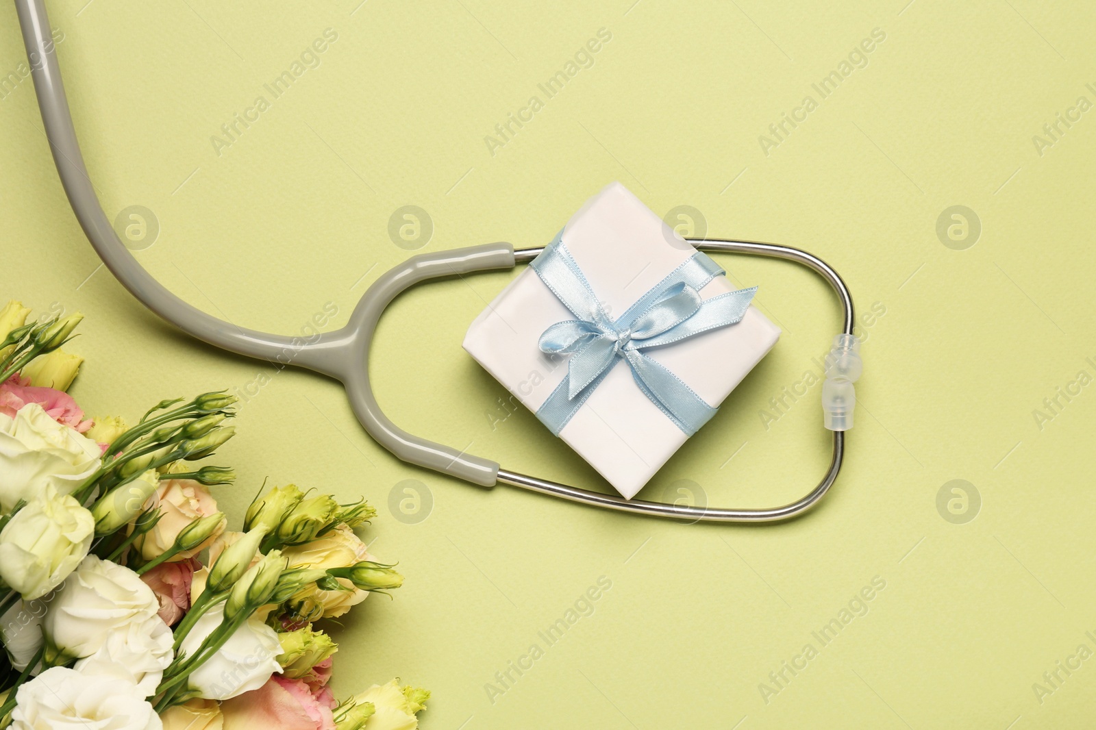 Photo of Stethoscope, gift box and eustoma flowers on light green background, flat lay. Happy Doctor's Day