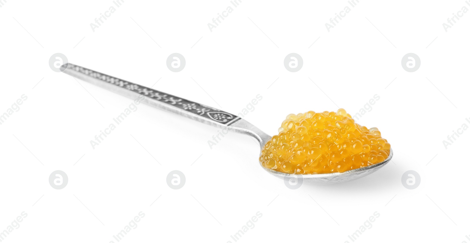 Photo of Fresh pike caviar in spoon isolated on white