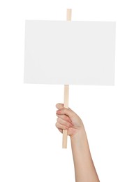 Woman holding blank protest sign on white background, closeup