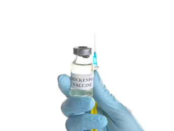 Photo of Doctor holding chickenpox vaccine and syringe on white background, closeup. Varicella virus prevention