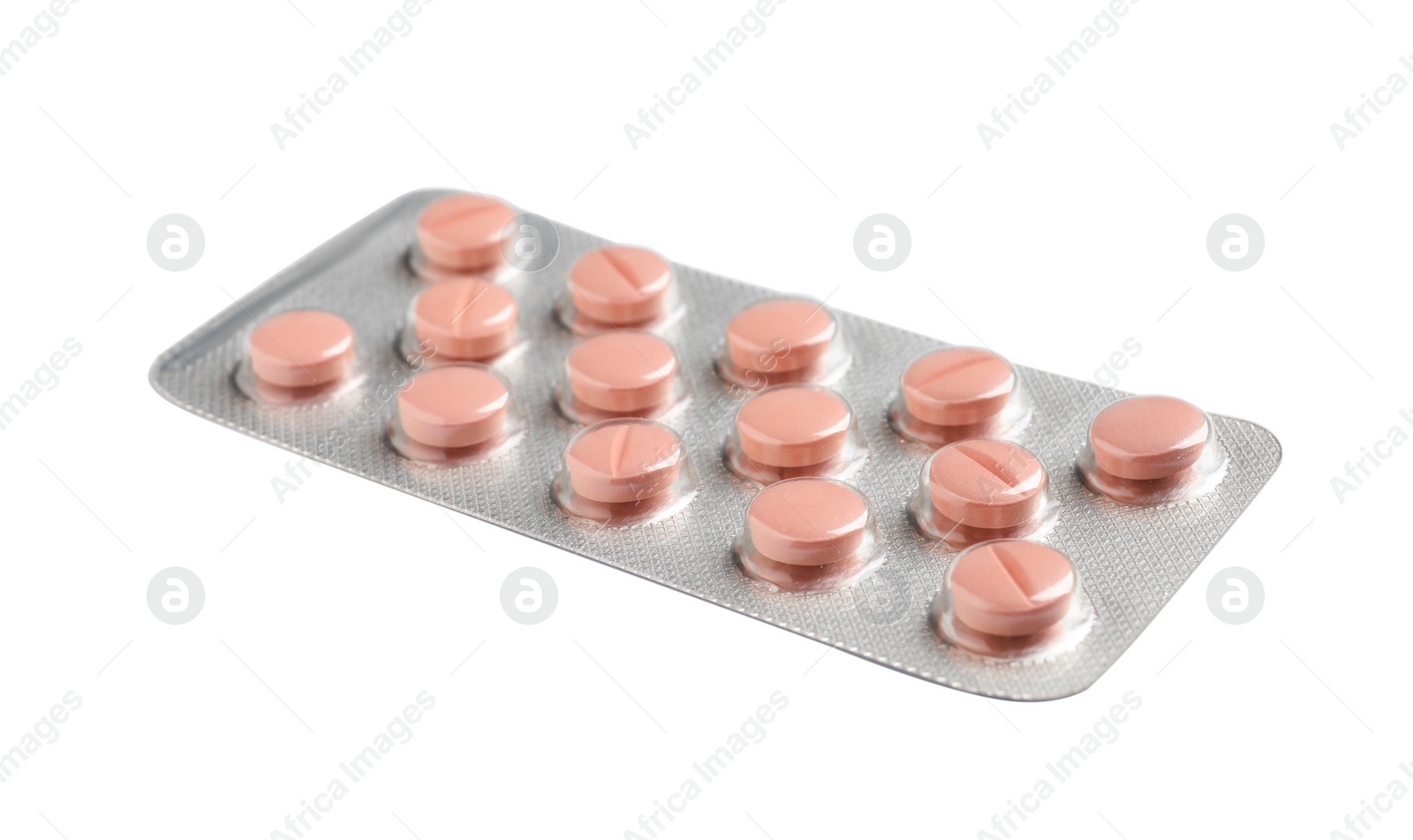 Photo of Blister with bright pills isolated on white