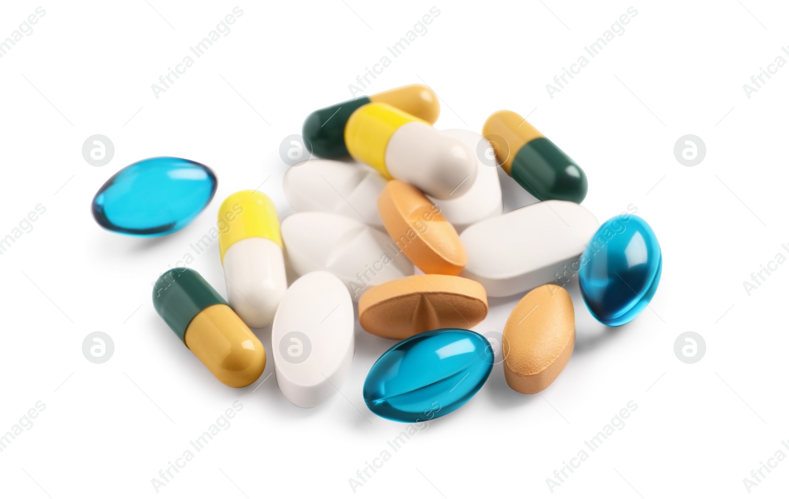 Photo of Many different pills isolated on white. Medicinal treatment