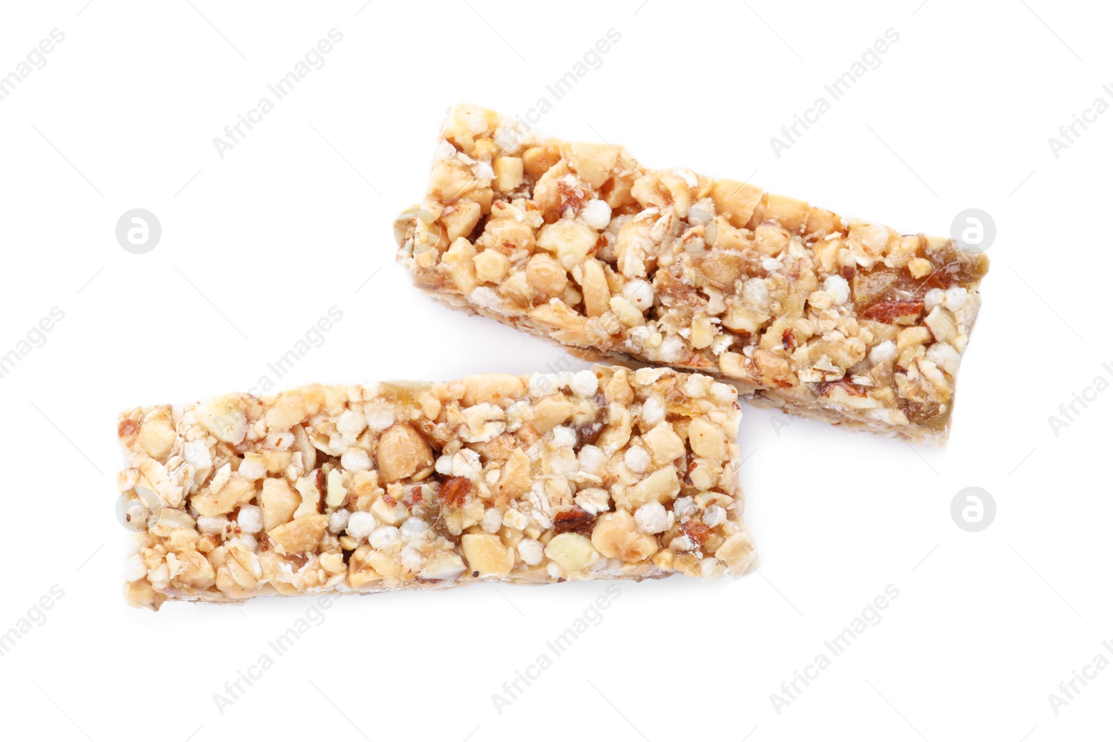 Photo of Sweet cereal bars isolated on white, top view