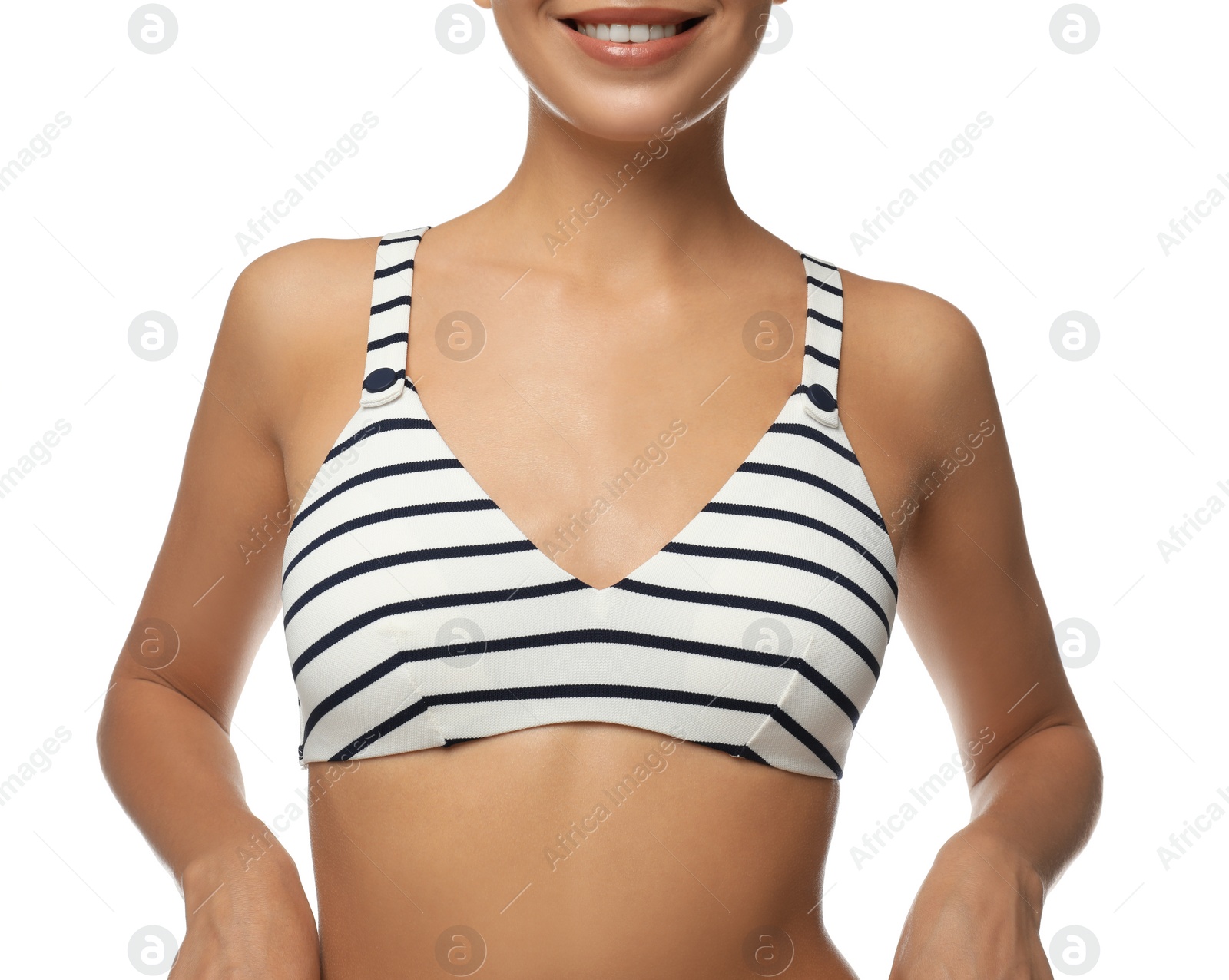 Photo of Sexy young woman in stylish swimsuit isolated on white, closeup. Beach body goal