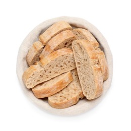 Photo of Cut delicious ciabatta in wicker basket isolated on white, top view
