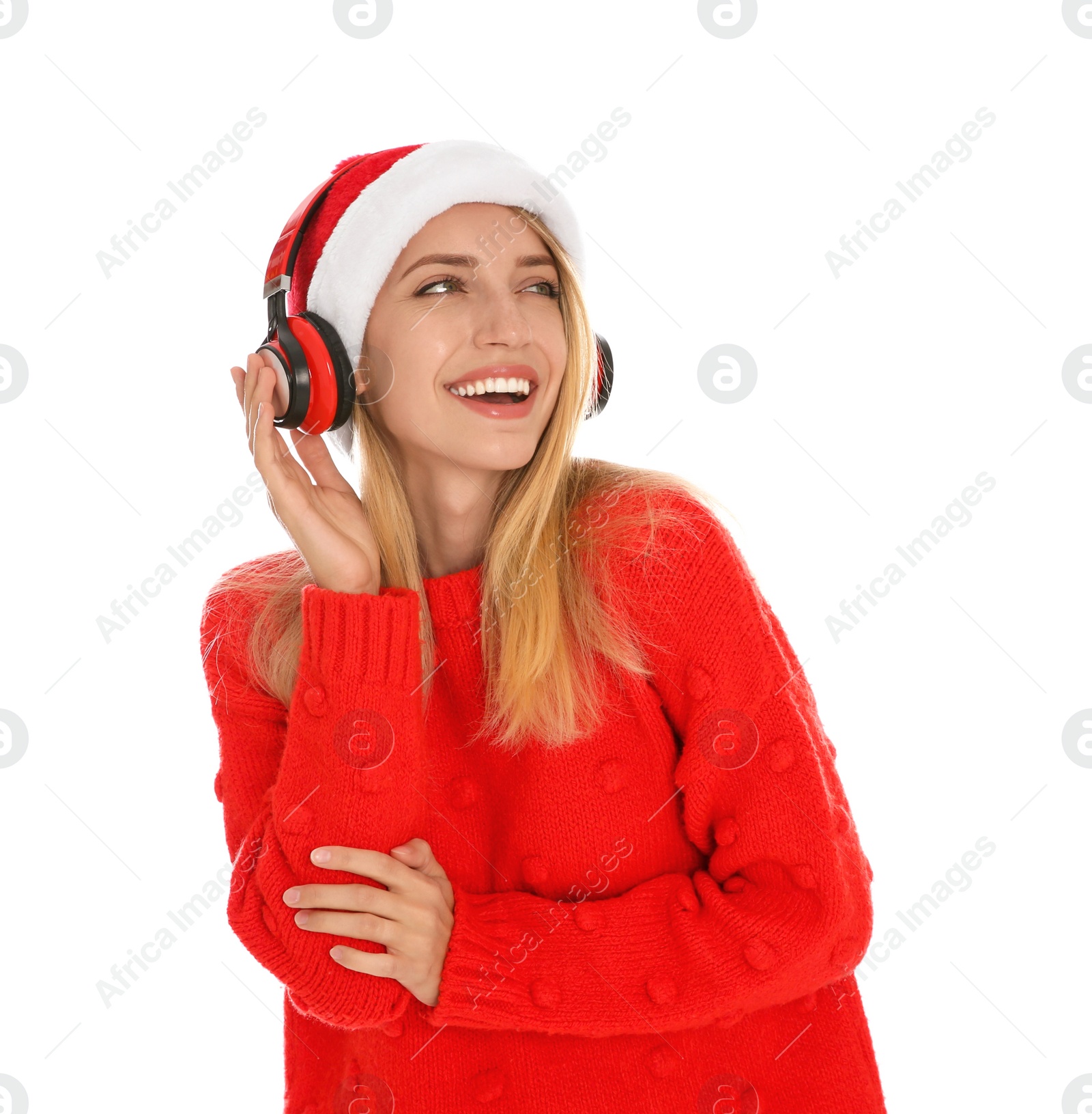 Photo of Happy woman with headphones on white background. Christmas music