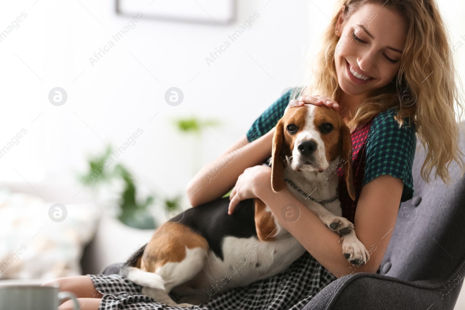 Photo of Young woman with her dog sitting in armchair at home