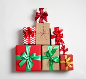 Beautifully wrapped gift boxes on white background