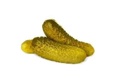 Photo of Tasty crunchy pickled cucumbers on white background