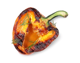 Photo of Half of grilled bell pepper and rosemary isolated on white, top view