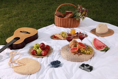 Delicious food and wine served for summer picnic on plaid outdoors
