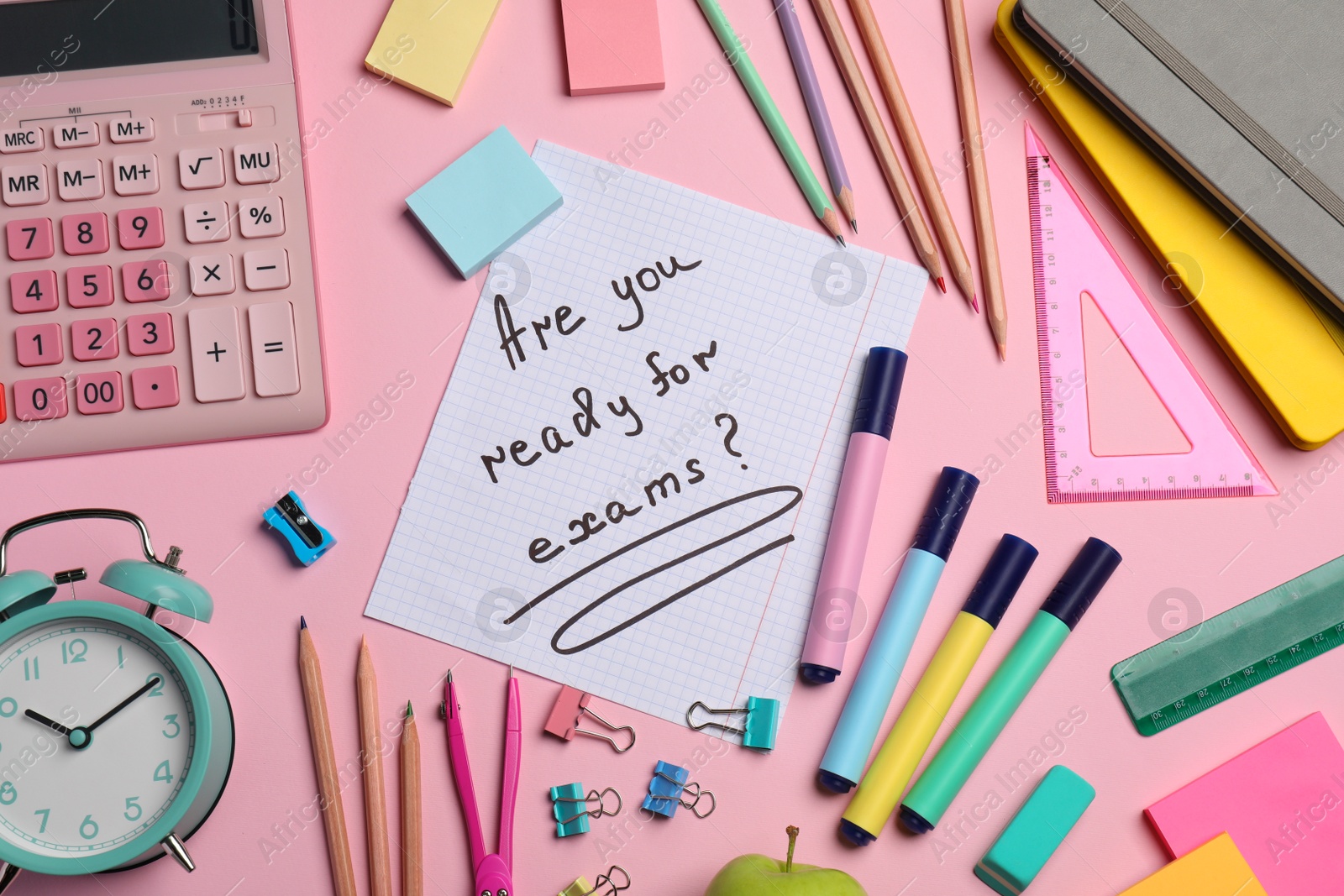 Photo of Sheet of paper with question Are You Ready For Exams? on pink background, flat lay