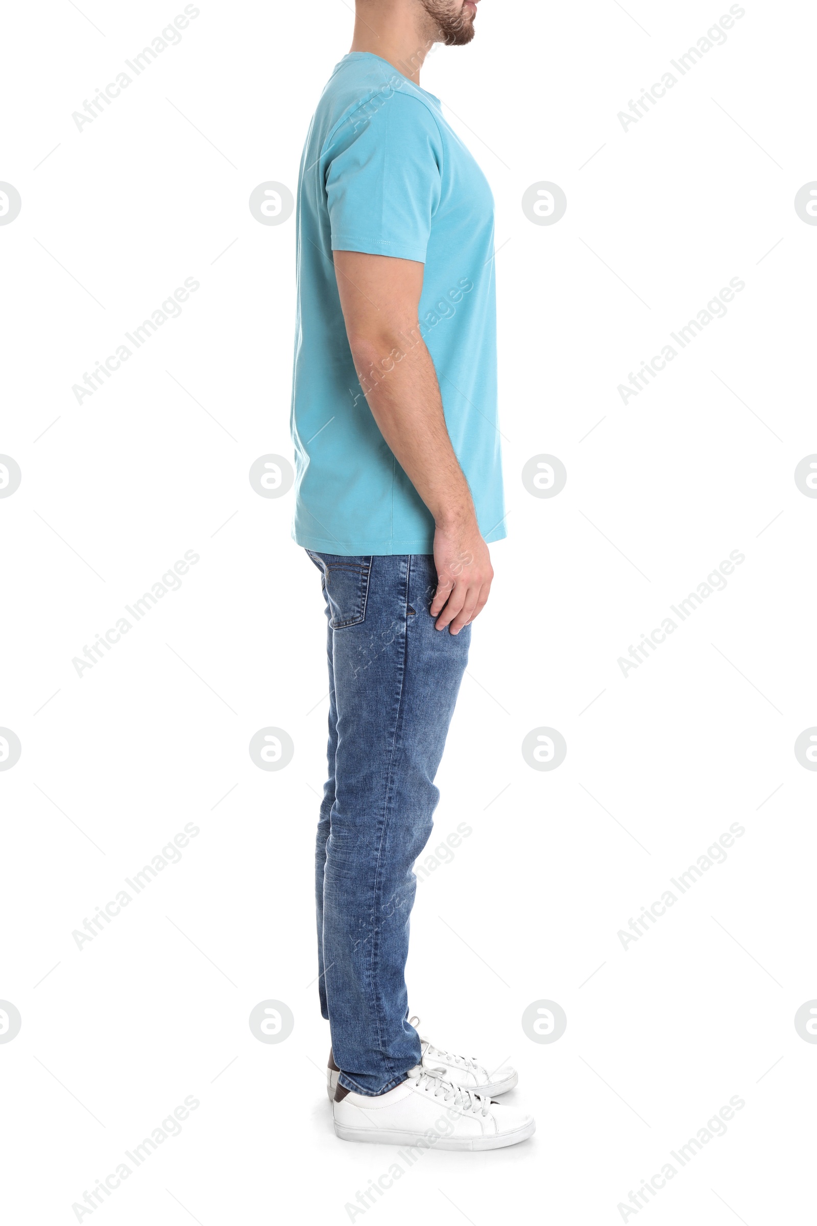 Photo of Young man on white background, closeup. Weight loss