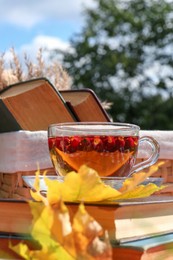 Photo of Cup of tea with hawthorn berries on books outdoors