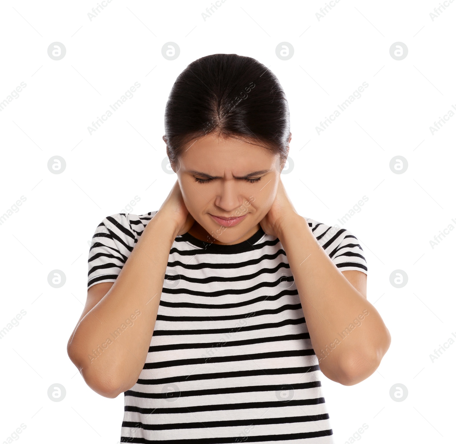 Photo of Young woman suffering from neck pain on white background