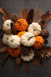 Photo of Flat lay composition with ripe pumpkins on grey table