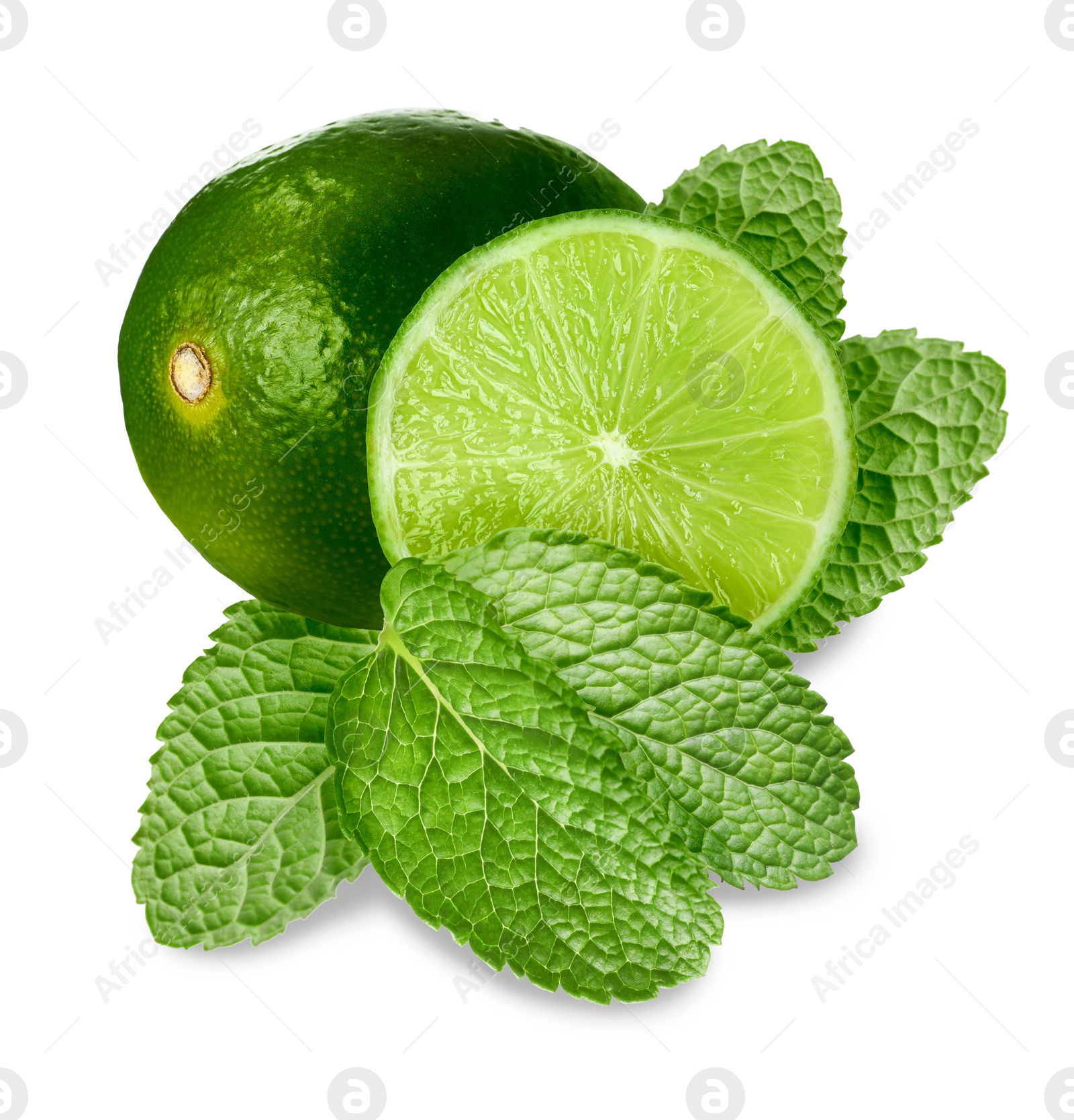 Image of Fresh ripe limes and green mint leaves isolated on white