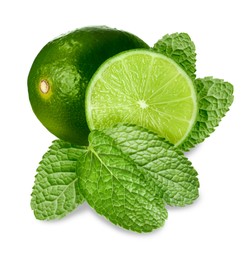 Image of Fresh ripe limes and green mint leaves isolated on white