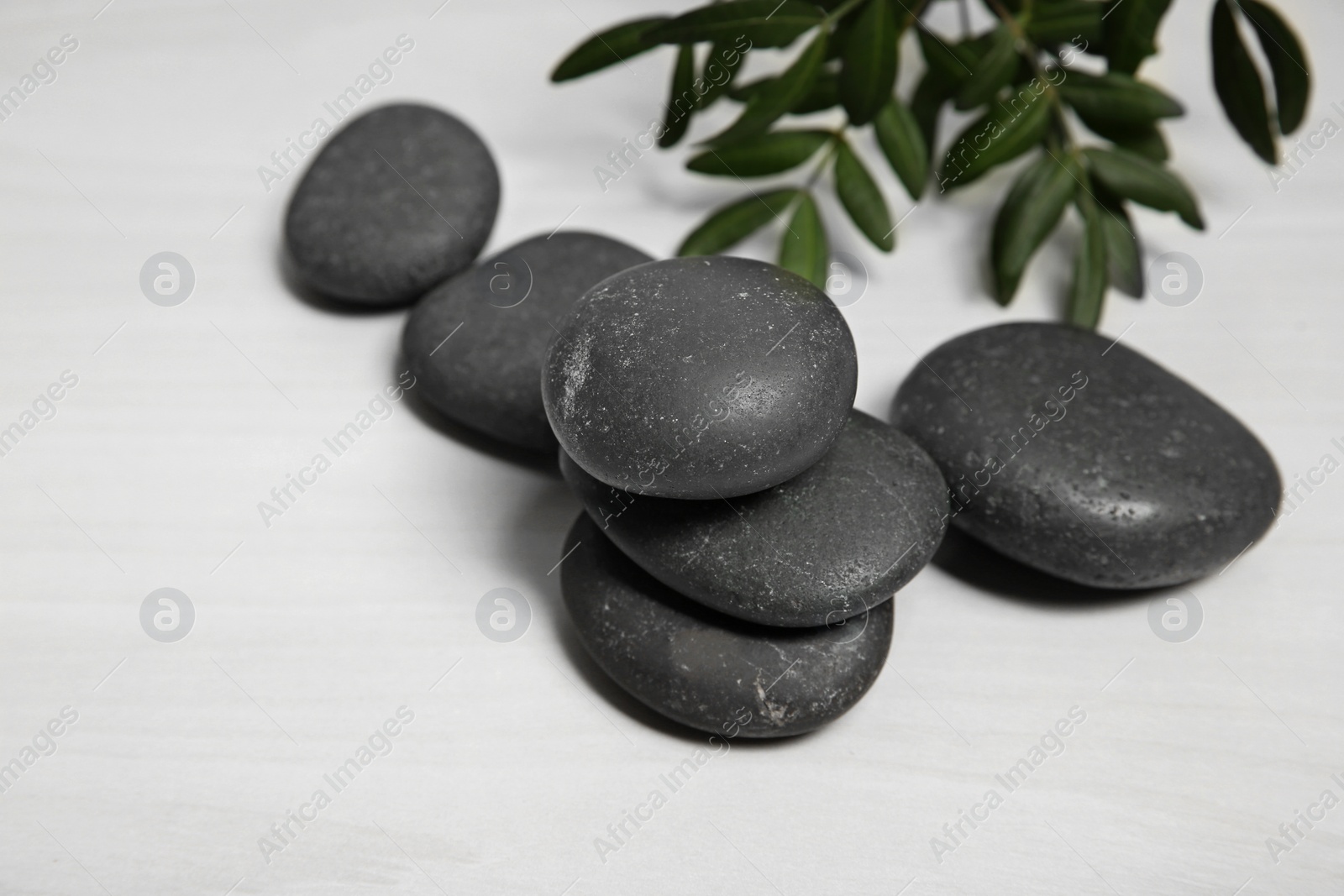 Photo of Spa stones with branch on light wooden background. Space for text