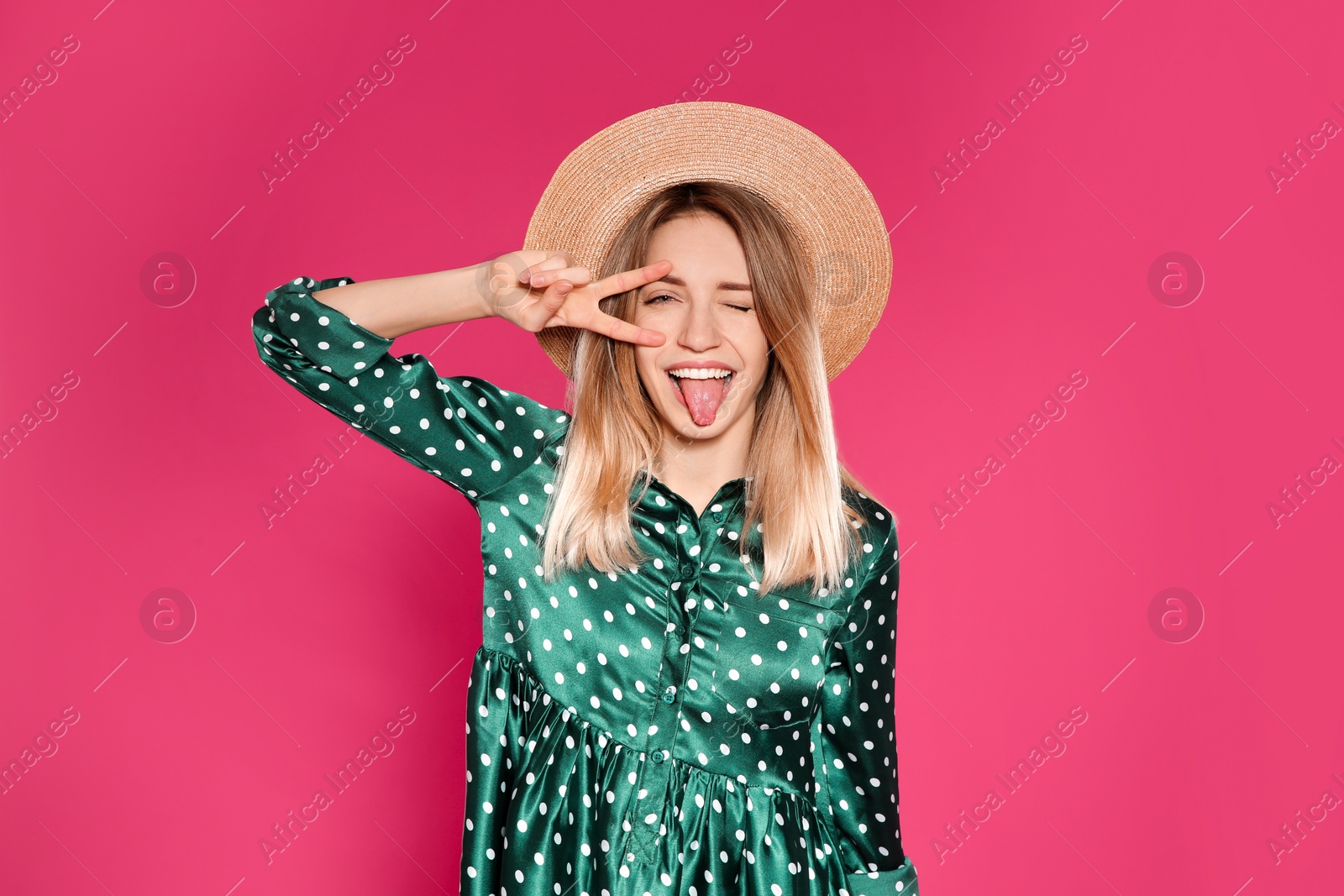 Photo of Portrait of emotional woman on color background