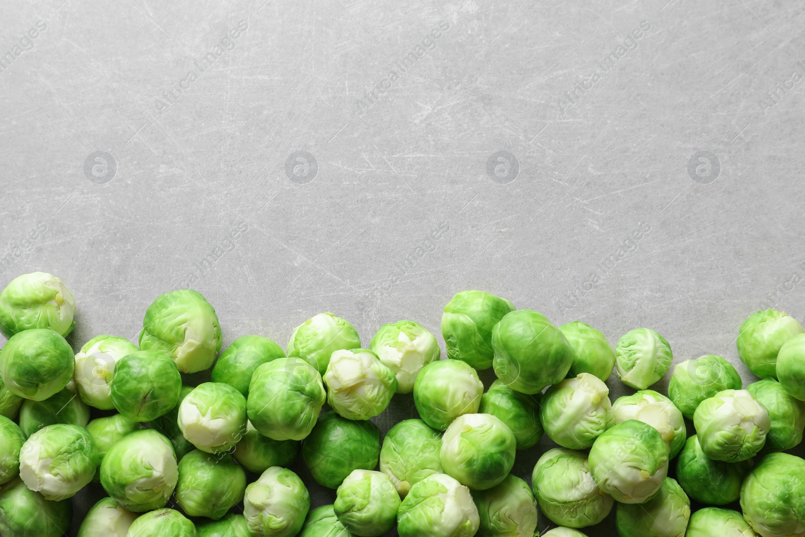 Photo of Fresh Brussels sprouts on grey background, top view with space for text