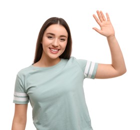 Photo of Happy woman giving high five on white background