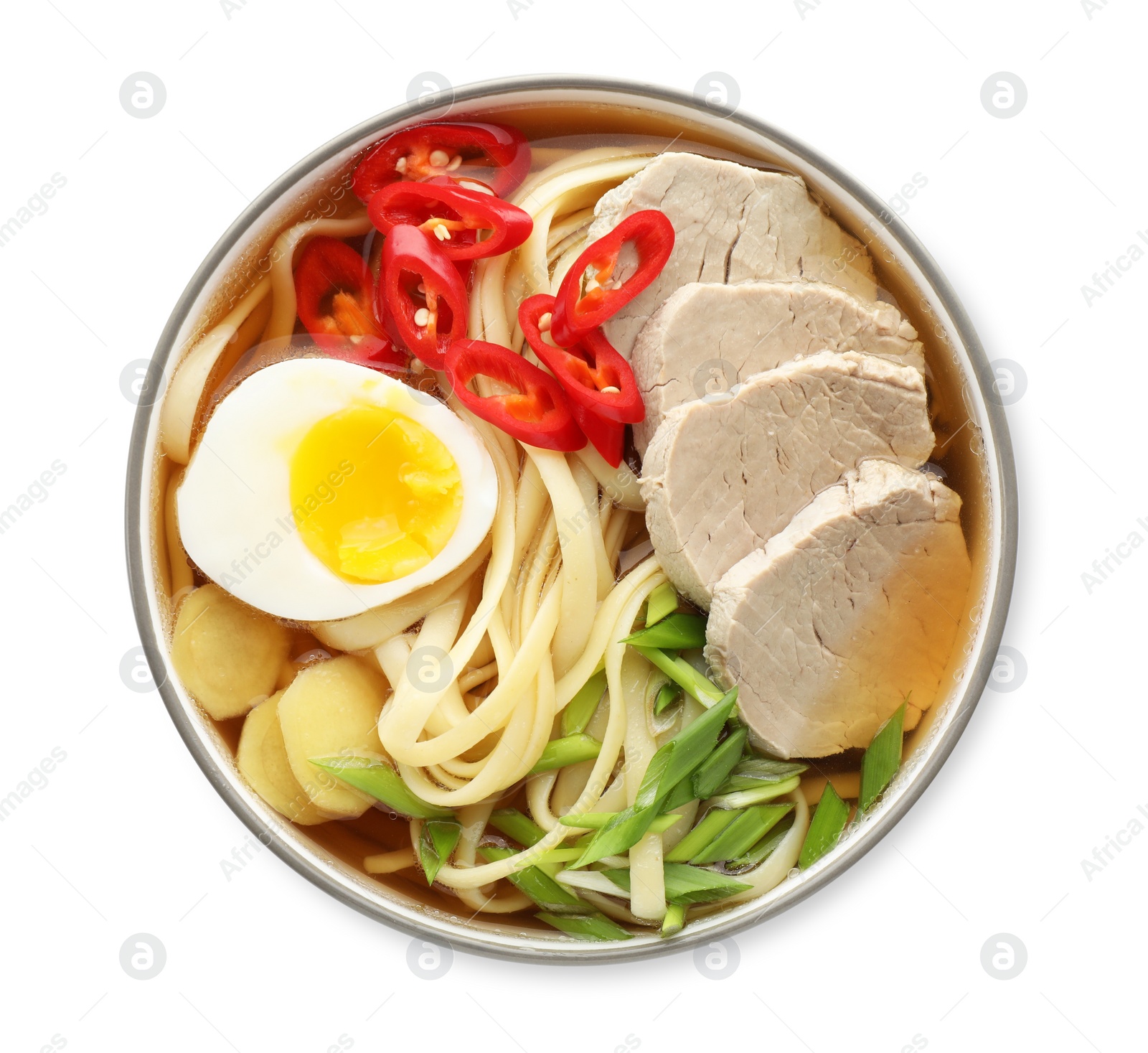 Photo of Delicious ramen in bowl isolated on white, top view. Noodle soup