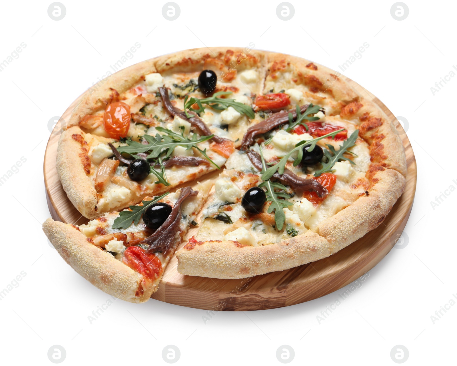 Photo of Tasty pizza with anchovies, arugula and olives isolated on white