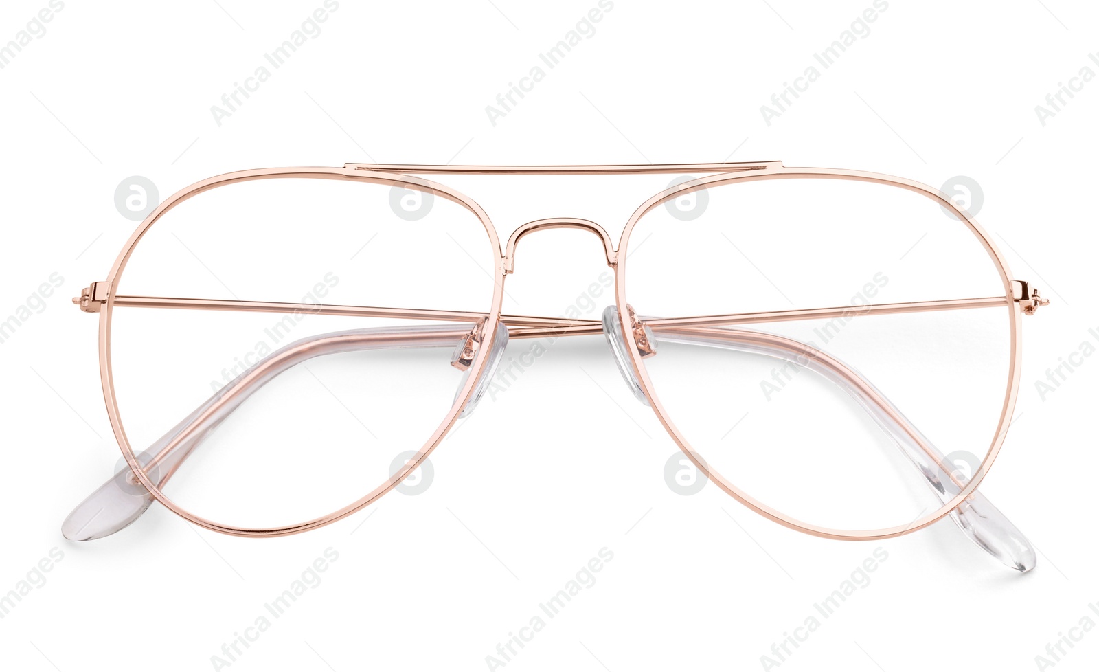 Photo of Stylish glasses with metal frame isolated on white, top view