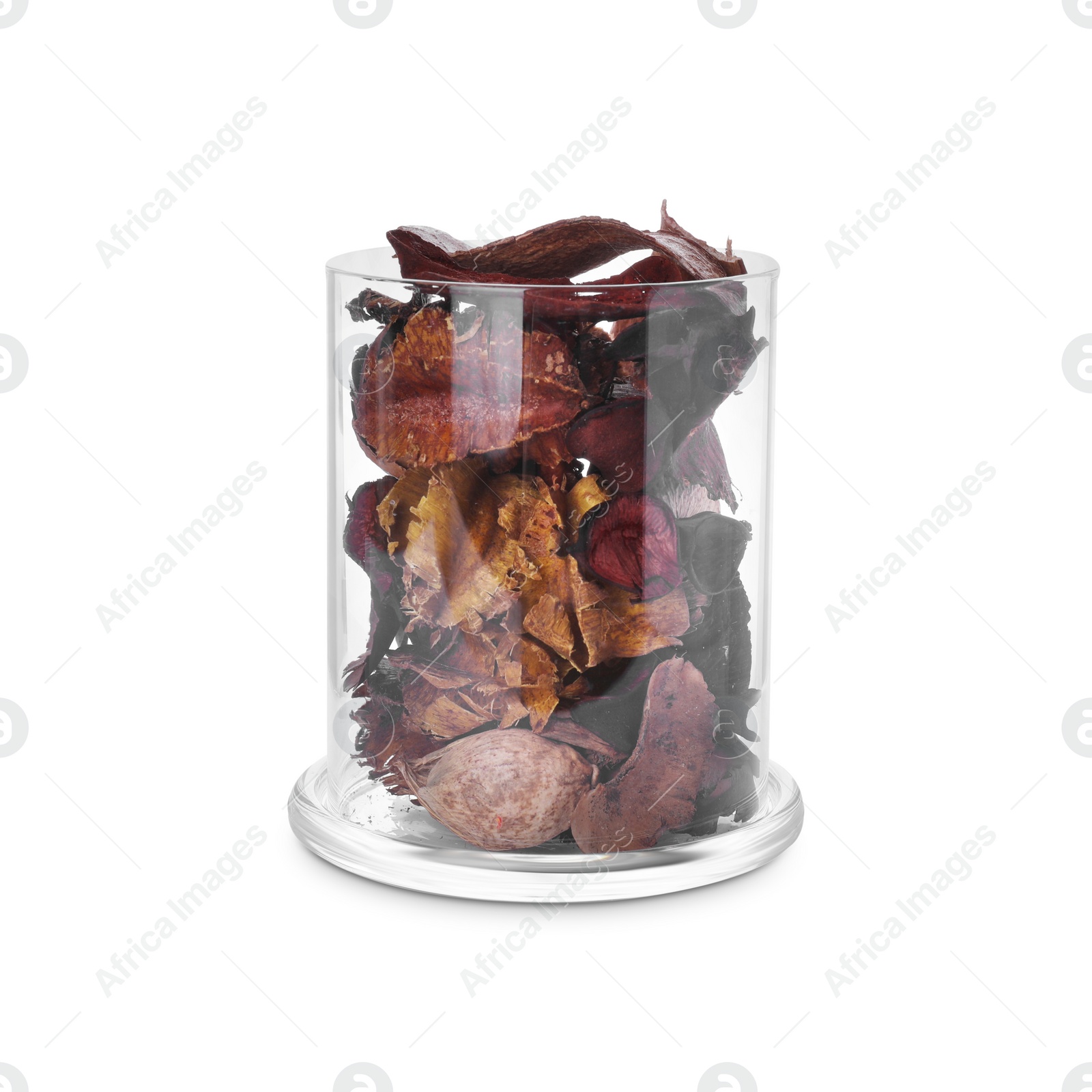 Photo of Many different scented potpourri in holder isolated on white