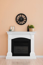 Photo of Stylish fireplace with potted plant and accessories indoors