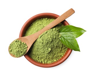 Photo of Green matcha powder in bowl, spoon and leaves isolated on white, top view